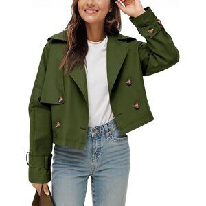 Womens Army Green Cropped Trench Coat Lapel Double Breasted Short Jacket Outwear